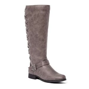 Faux Leather, 1 inch heeled, corset back, gray boots.